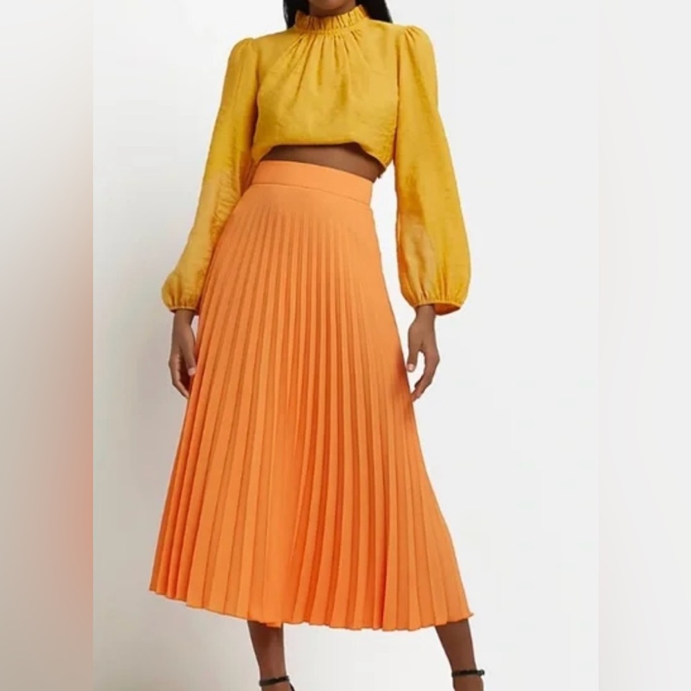 River Island orange pleated midi skirt